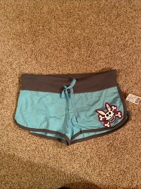 Women's Turquoise Athletic Drawstring Shorts with Skull Bunny Patch